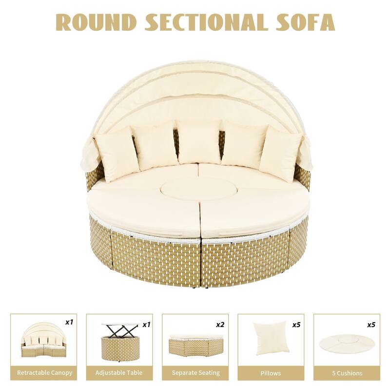 Round Outdoor Rattan Sectional Sofa with Adjustable Canopy & Cushions, PE Wicker Daybed with Coffee Table & Ottoman