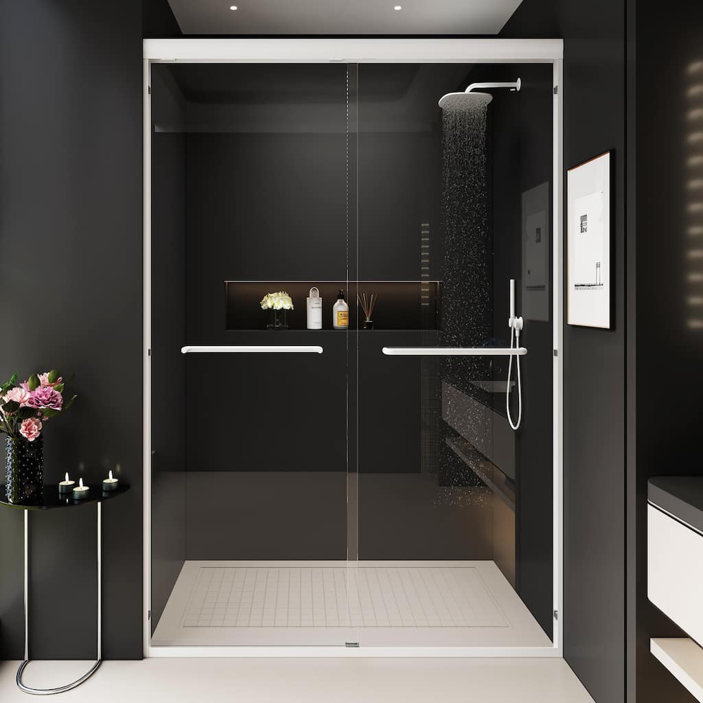 ABRUZZO 44-48" W x 72" H Semi-Frameless Double Sliding Tempered Glass Shower Door with Dual Towel Bars