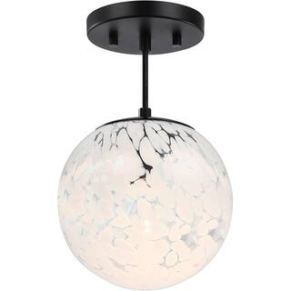 Circo 7 in. 1-Light Matte Black Modern Semi-Flush Mount with White Art Glass Shade