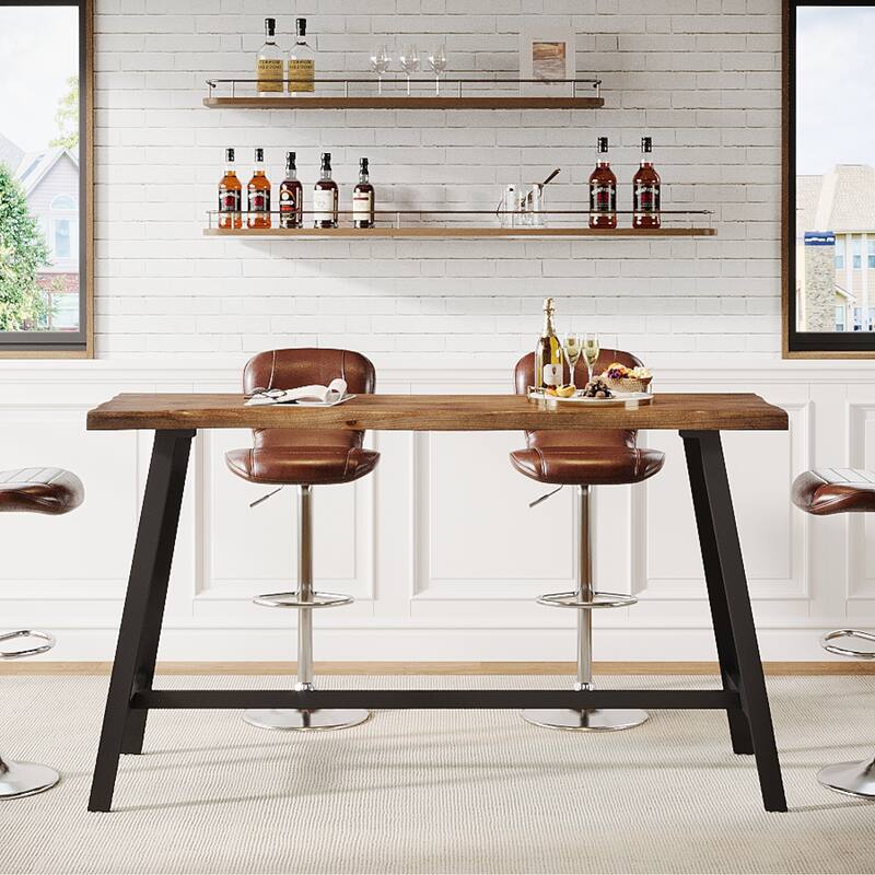 Solid Wood Bar Table, 55.1-Inch Counter Height Pub Table with Sturdy Metal Frame