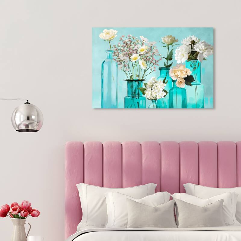 Wynwood Studio Canvas Floral and Botanical Glassy Teal Flowers Blue and Turquoise Modern & Contemporary Wall Art Canvas Print - 20 x 30