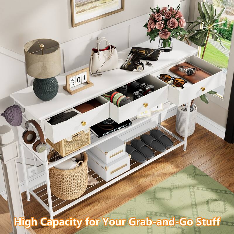 Modern White Entryway Table: 3 Drawers, 3 - Tier Storage Shelves, Gold Knobs & Charging Station