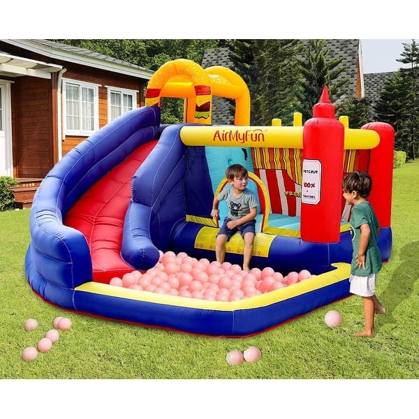 slide 2 of 7, Bounce House with Hamburger Ketchup Shape, Jump & Slide Area with Safety Net, Giant Castle with Ball Pit & Air Blower Kids