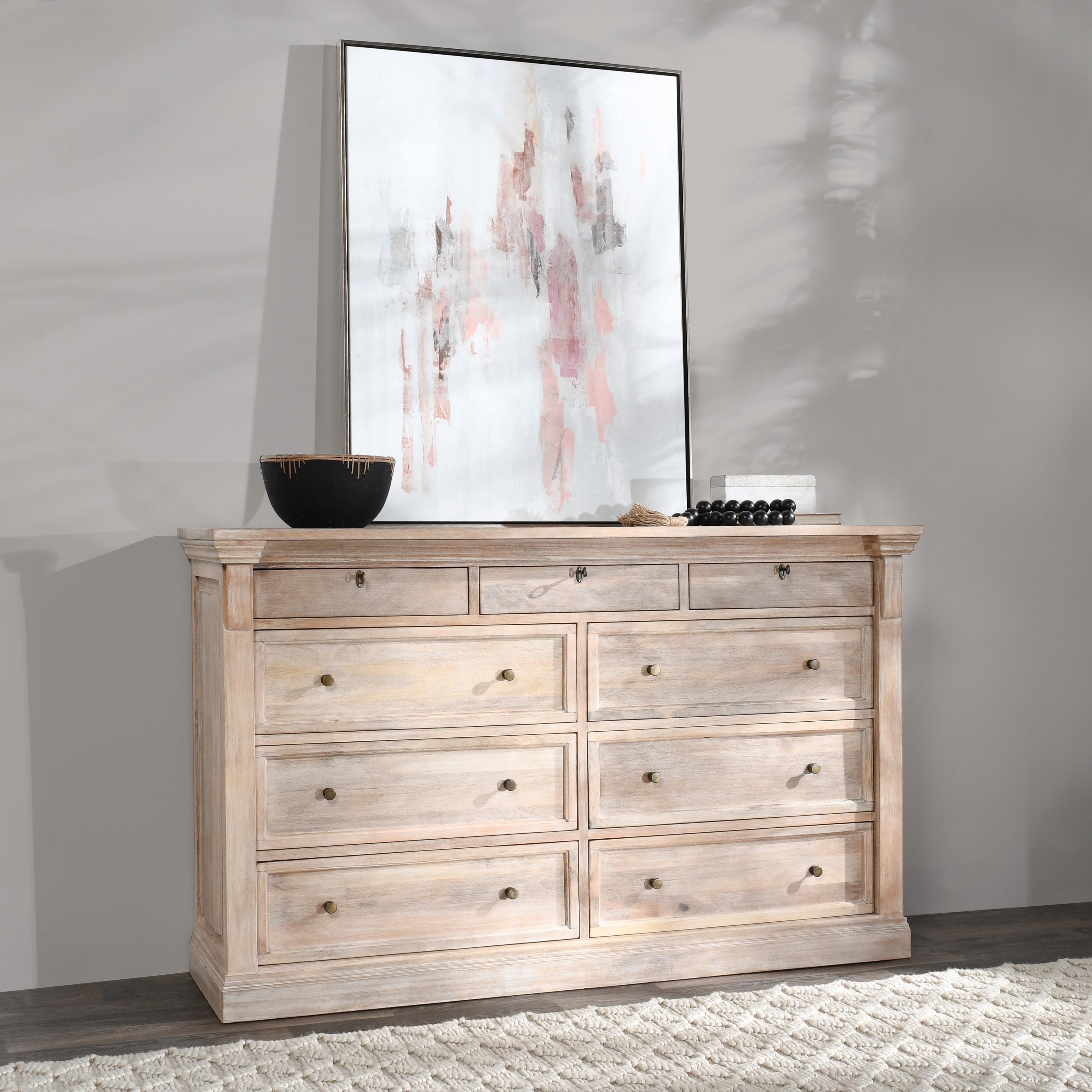 Classic Home Adelaide Nine-Drawer Mango Wood Dresser in White Wash