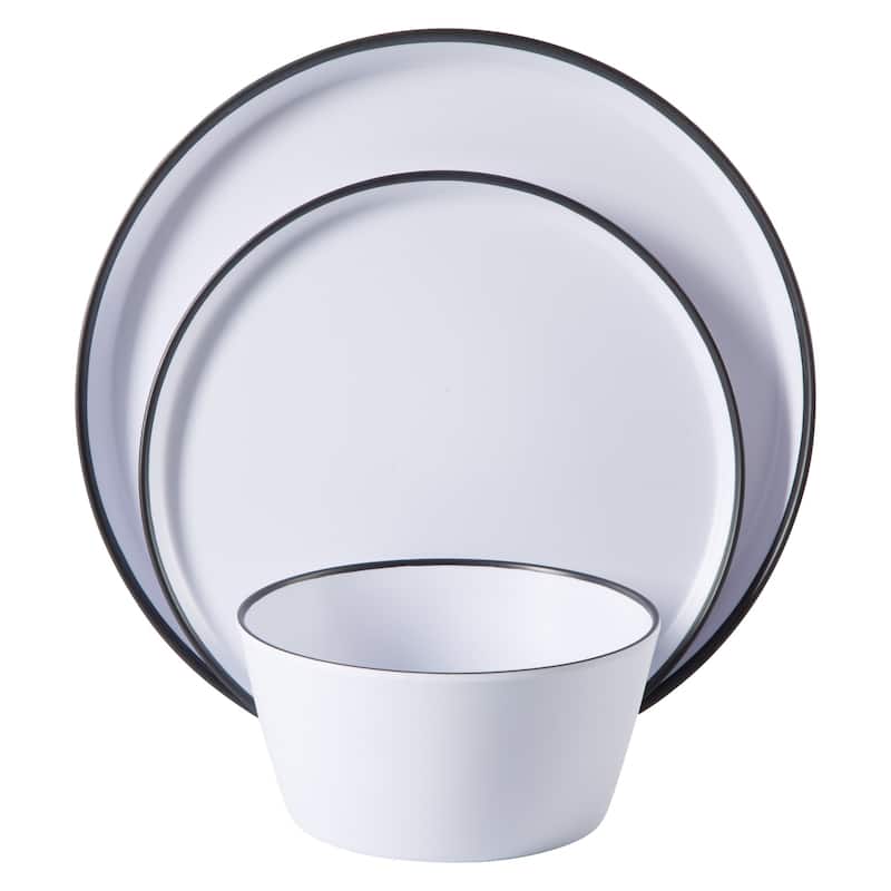 Gibson Home Folsom Shores 12 Piece Unbreakable Modern Melamine Plates and Bowls Dinnerware Set - White W/ Black Rim