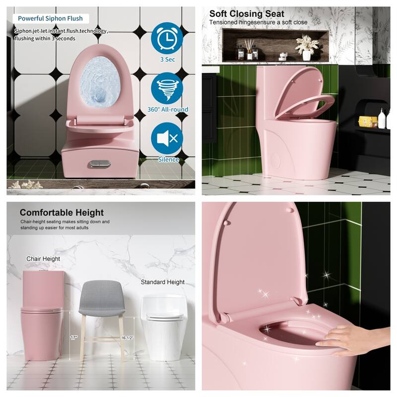 1.6/1.1GPF Dual-Flush One-Piece Toilet, Elongated ADA, 12" S-Trap,Pink