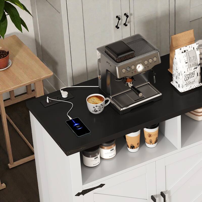 59" Modern 4-Door Sideboard with Power Outlets, USB Ports, Adjustable Shelves & Half-Open Storage Cabinet