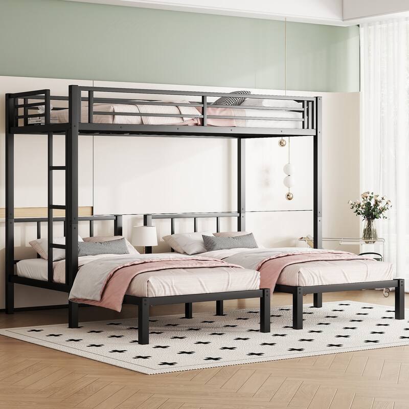 Anmytek Metal Detachable Triple Bunk Bed for 3 - Twin XL over Twin & Twin, Black