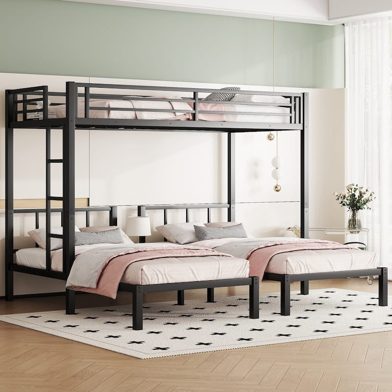 Detachable Triple Bunk Bed Frame Convertible 3 Twin Platform Beds with Storage Shelves, Headboard, Ladder and Safety Guardrails