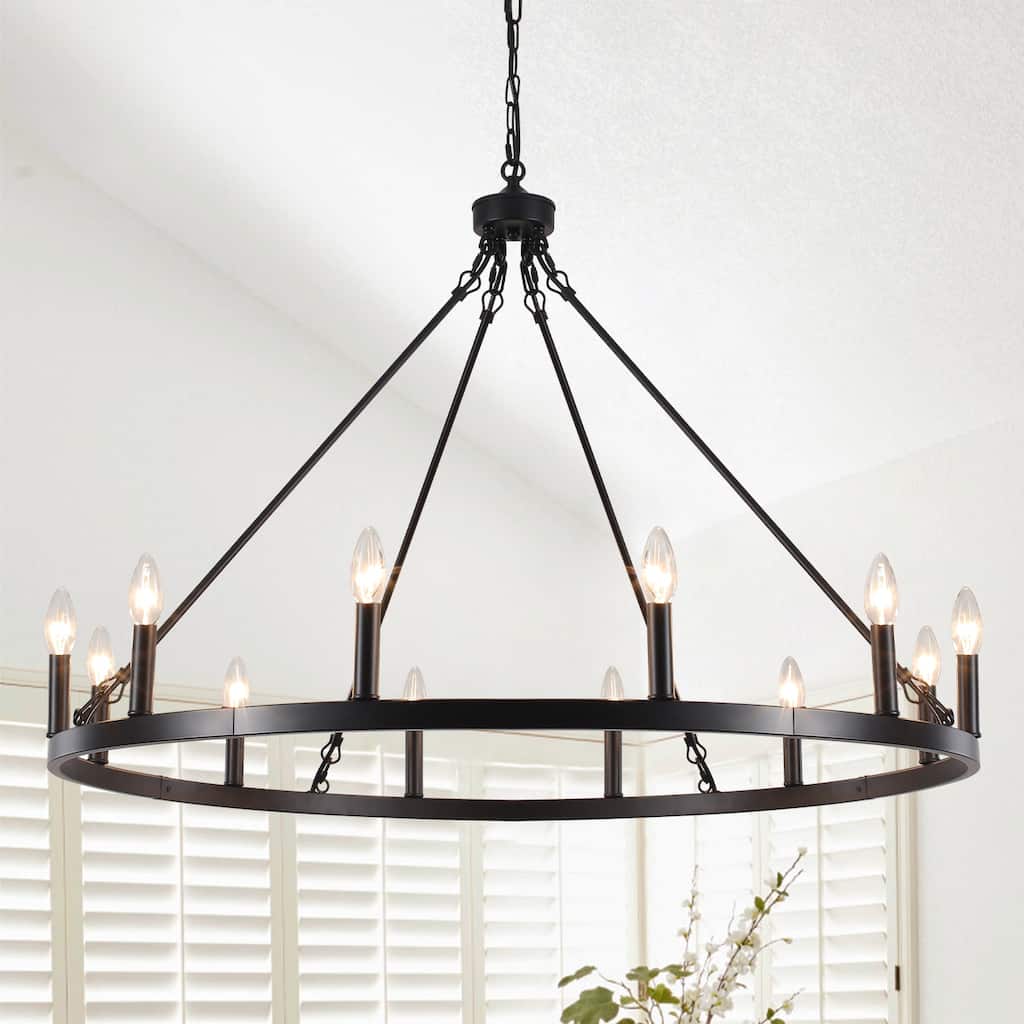 12-Light 37.99 in. Rustic Wagon Wheel Chandelier for Bedroom Kitchen