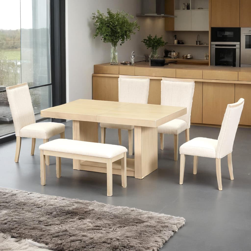 6-Piece 78inch Extendable Pedestal Dining Table Set with 18inch Removable Leaf and Dining Bench, 4 Upholstered Dining Chairs