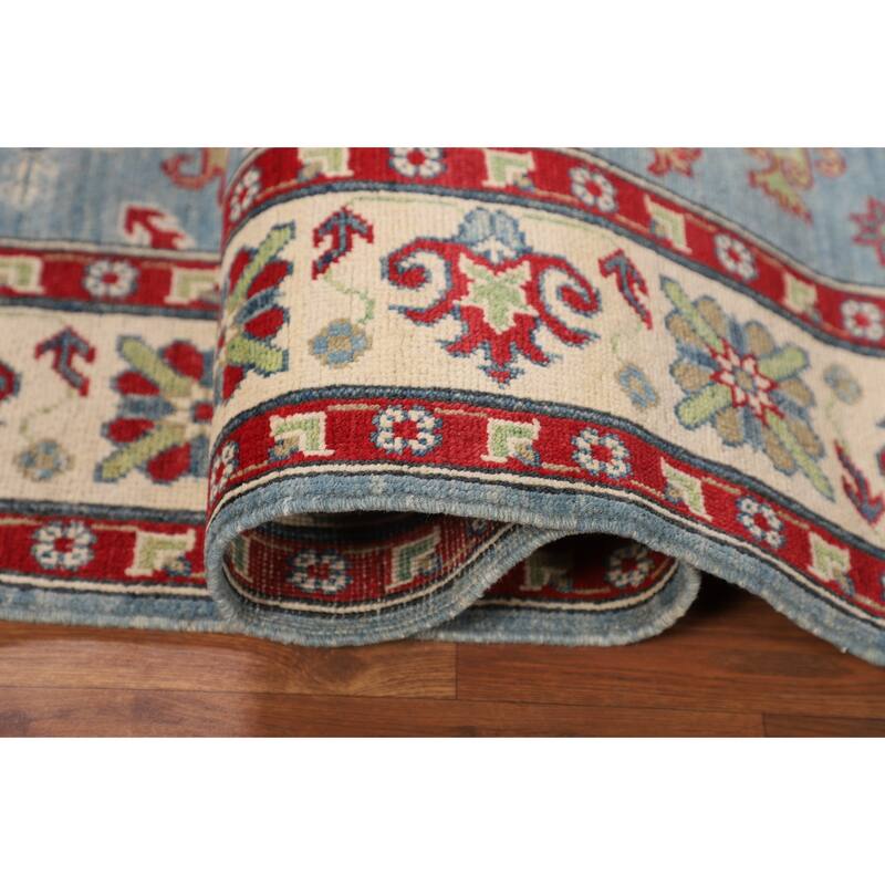 Light Blue Kazak Area Rug Handmade Geometric Wool Carpet - 5'3" x 6'8"