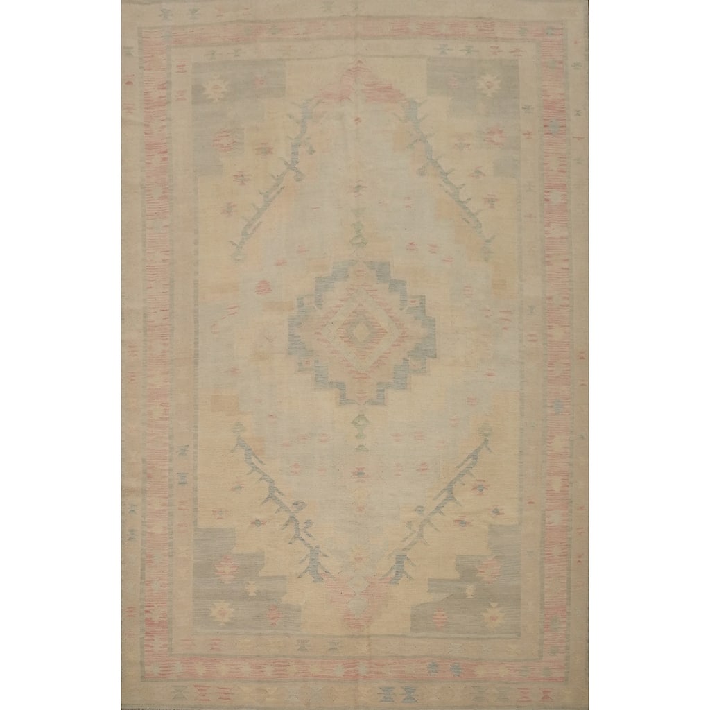 Hand Woven Oriental 100% Wool Carpet Southwestern Tribal Beige & Ivories Kilim Area Rug - 11' 10'' X 8' 9''
