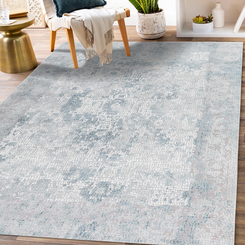Aspen Modern Grey/Blue Abstract Viscose Area Rug - 4'1" x 6'