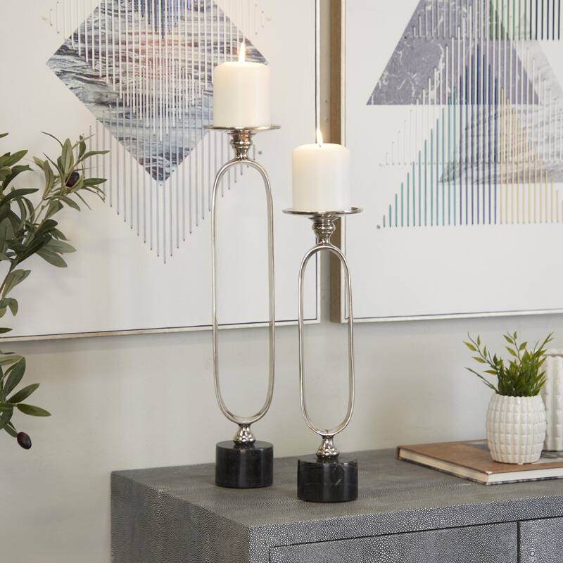 Gold, Black or Silver Aluminum Metal Paper Clip Pillar Decorative Candle Holder with Marble Base (Set of 2)