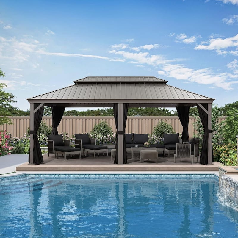 PURPLE LEAF Patio Gazebo for Backyard Hardtop Galvanized Steel Frame with Upgrade Curtain - Light Grey