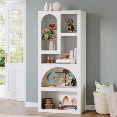 70” White Wood Bookshelf with 5 Storage Shelves for Living Room
