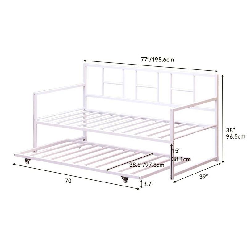 Twin Size White Metal Daybed with Roll Out Trundle Frame Heavy Duty Steel Sofa Bed with Wheels and Slats Included