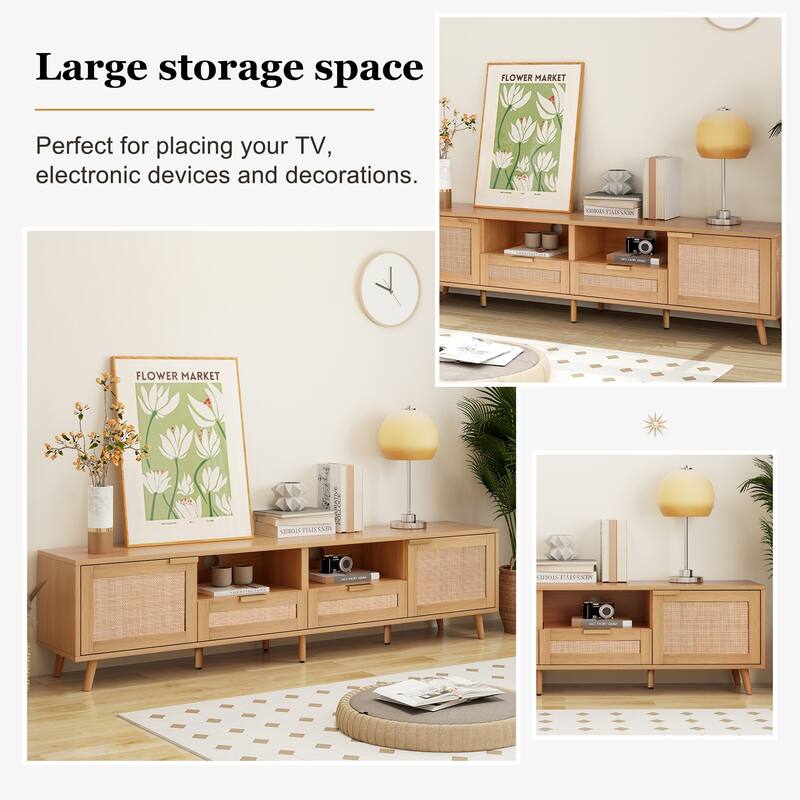 85" TV Stand with Rattan Design, Media Console for Living Room with Storage Cabinets & Open Shelves