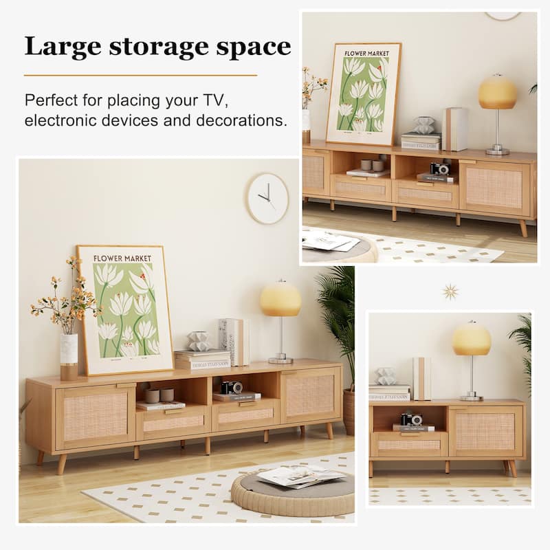 Roomfitters Rattan TV Stand for 85'' TV, Farmhouse Media Console, Solid Wood Legs, Wood