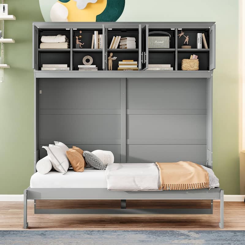 Full Size Wooden Murphy Bed Wall Bed with Top Cabinets
