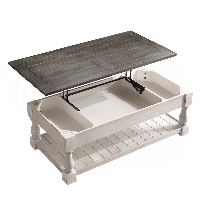 Farmhouse Lift Top Coffee Table with Fixed Shelf - 3 Hidden Storage Trays