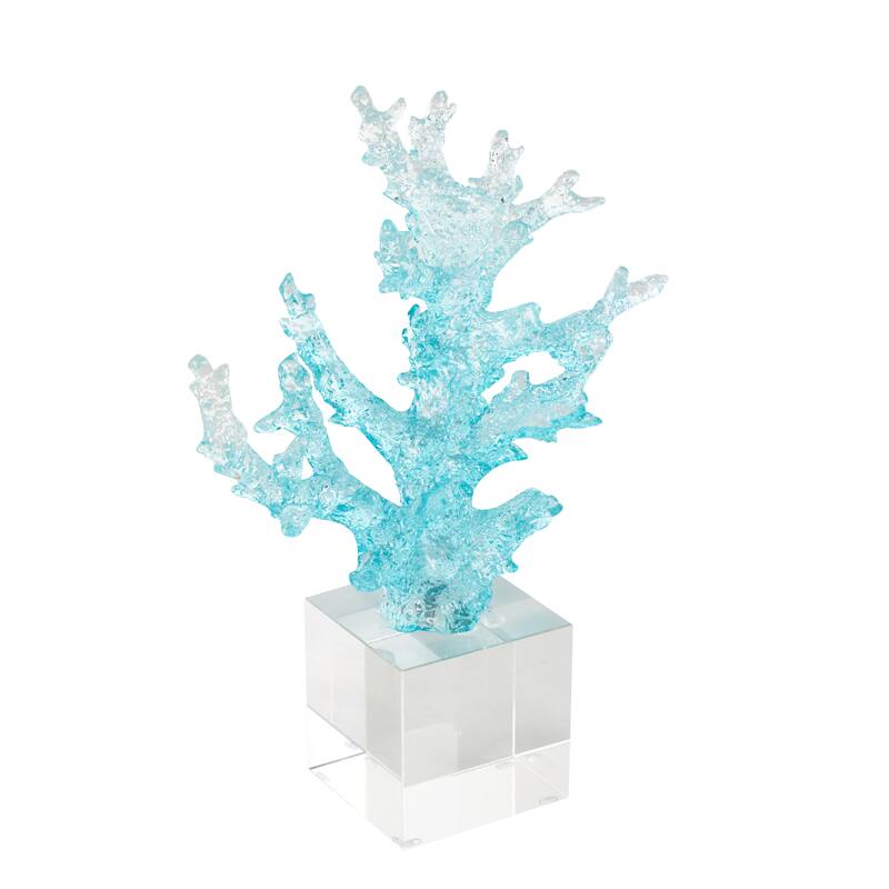 Blue Glass Ombre Coral Decorative Sculpture with Clear Square Base