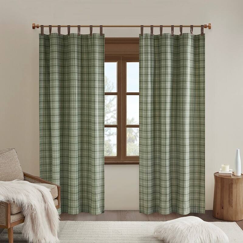 Plaid Rod Pocket and Back Tab Curtain Panel with Fleece Lining - Green, Faux Leather - 50×84"