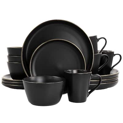 Elama Paul 16 Piece Stoneware Dinnerware Set in Matte Black with Gold Rim - 16 Piece Set