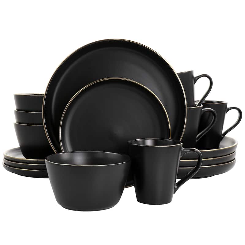 Stoneware Dinnerware 16 Piece Set in Black with Gold Rim - Black - 16 Piece