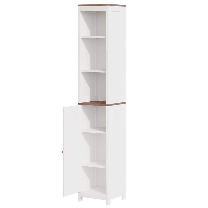 Tall Bathroom Storage Cabinet with Reversible Door, Freestanding Linen Tower with Open Shelves and Enclosed Cabinet