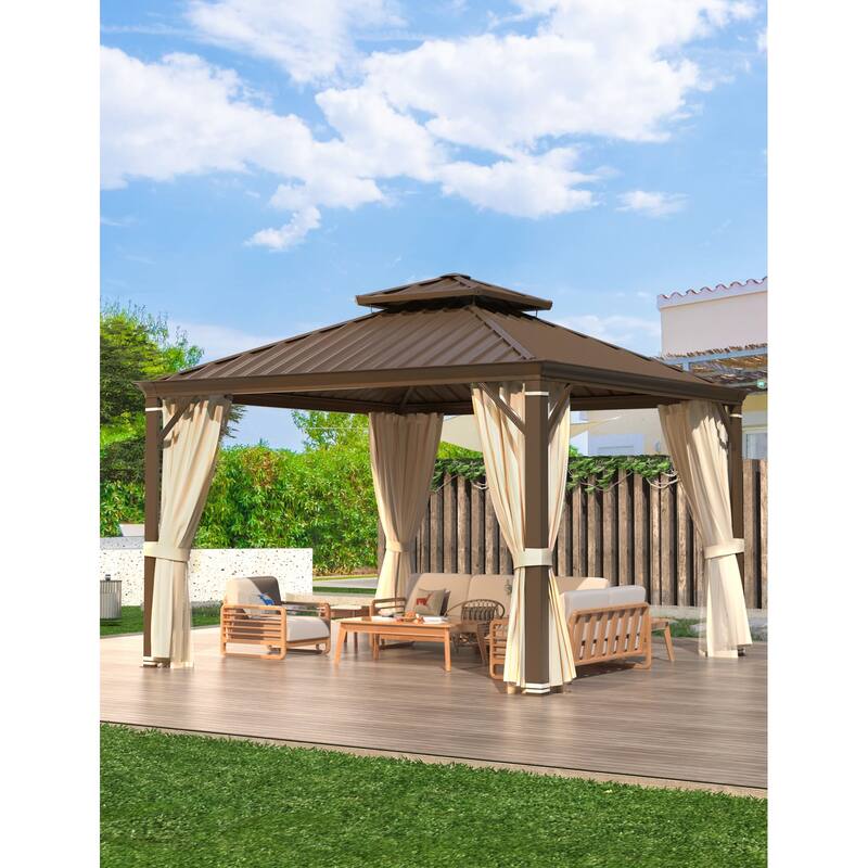 EROMMY Hardtop Gazebo with Galvanized Steel Roof and Curtains, Outdoor Aluminum Pavilion for Patio, Backyard, Lawn
