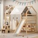 preview thumbnail 2 of 16, Full Size Wooden Loft Bed House-shaped Frame with a Tent, Natural+Beige