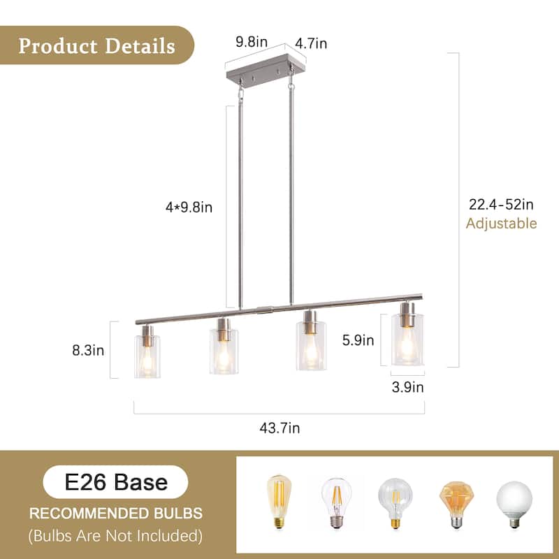 4-Light 43.7"W Kitchen Pendant Lighting witn Clear Glass Shades