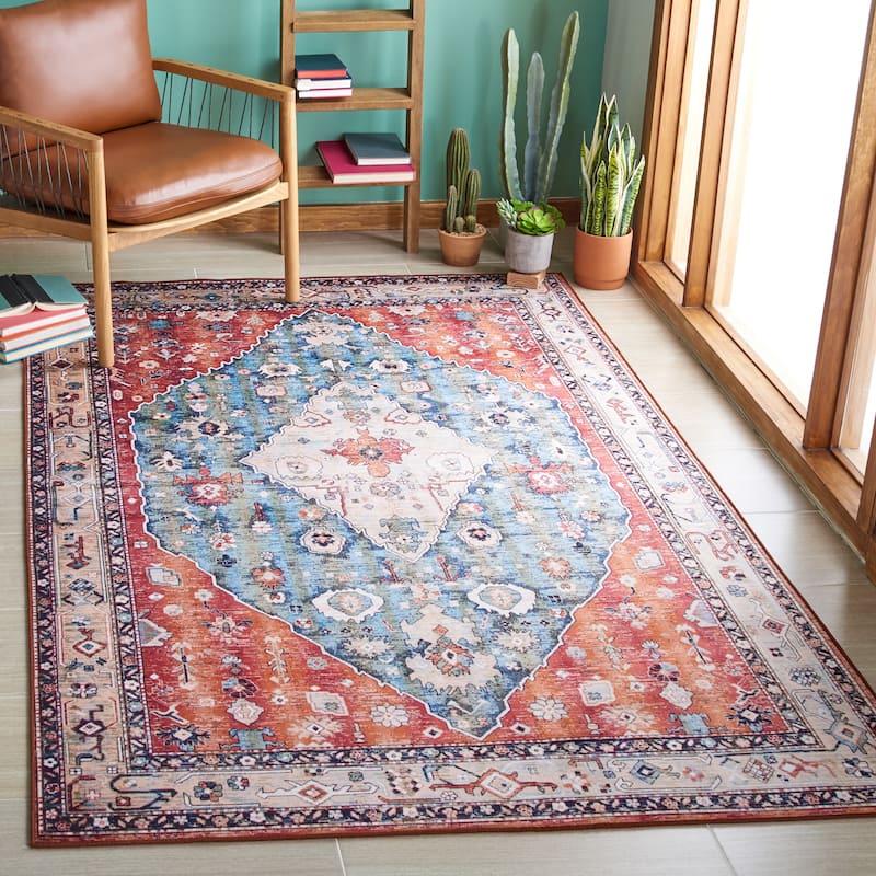 SAFAVIEH Tucson Machine Washable Slip Resistant Rosina Oriental Medallion - 4' x 6' - Beige/Blue - Runner/Rectangle
