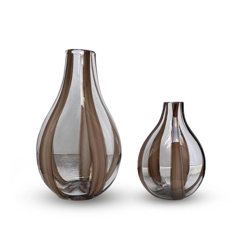 Set of Two Brown Striped Teardrop Handblown Glass Vases