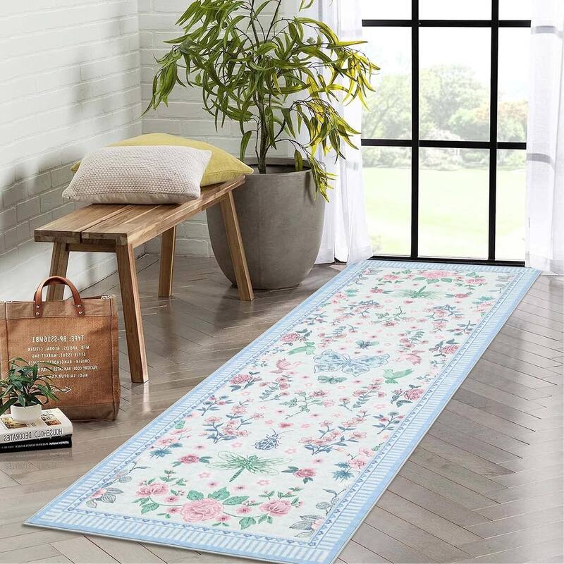Modern Floral Machine Washable Indoor Waterproof Area Rug for Bedroom, Living Room, Blue - 2' x 3'