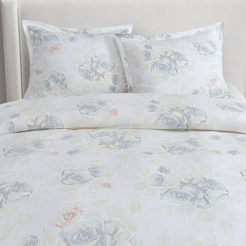 HiEnd Accents Rosaline Washed Linen Romantic Floral Comforter Set, 3PC