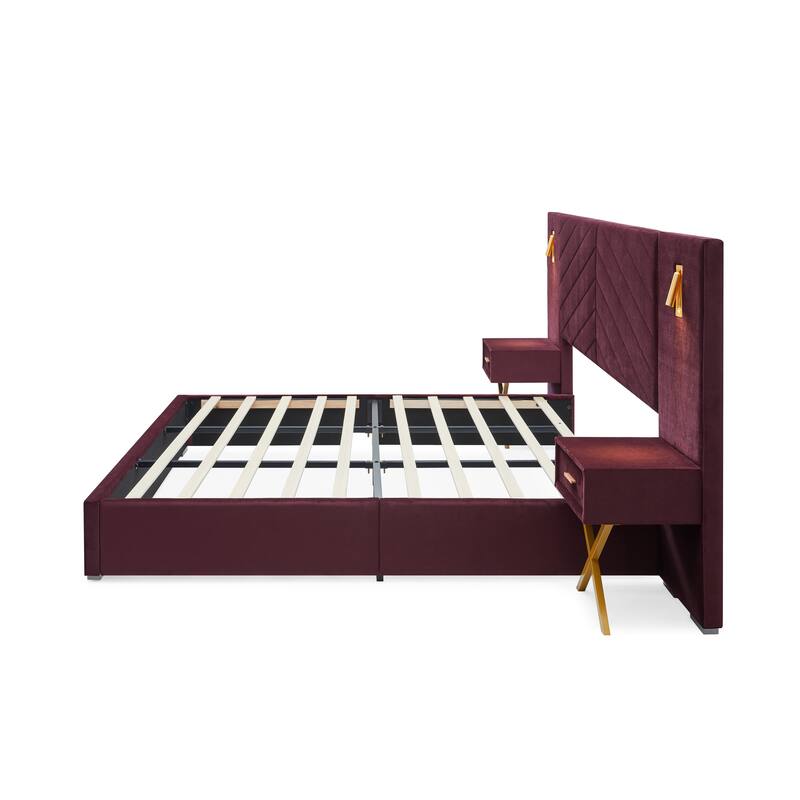 King Size Velvet Bed Frame with Vertical Channel Tufted Wingback Headboard, No Box Spring Needed, Easy Assembly
