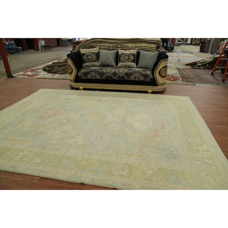 Handmade Wool Oushak Turkish Area Rug, Floral Geometric Carpet - 12' 1'' X 9' 0''