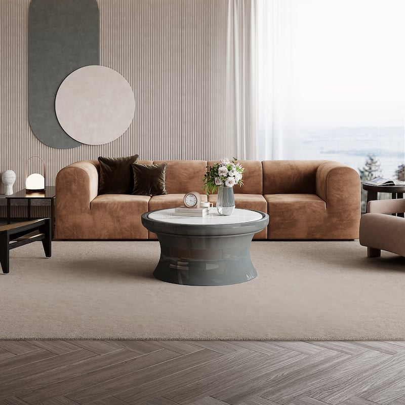 33.46" Modern Round Coffee Table,White Glossy Sintered Stone Table top, Green