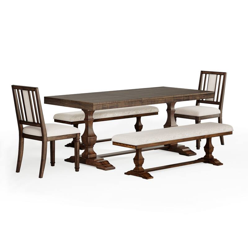 5-pieces Farmhouse Dining Table for 6, 74.8" Kitchen Table Set with 2 Benches and 2 Chairs, Solid Wood Legs and Cushion Seat