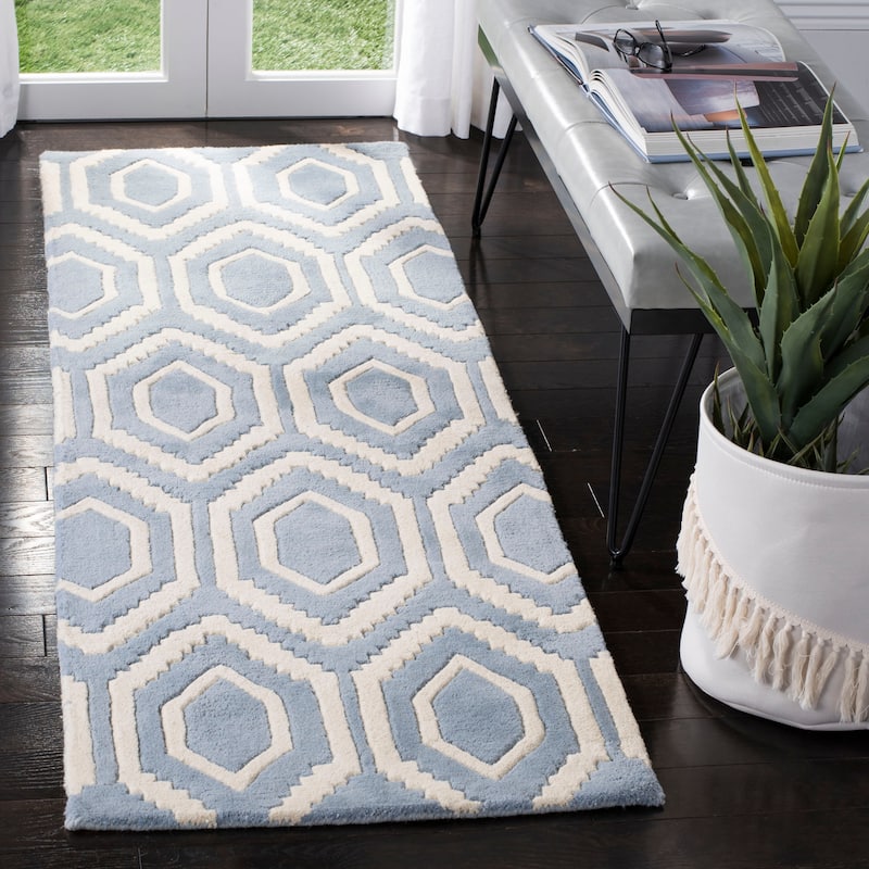SAFAVIEH Handmade Chatham Altrud Moroccan Modern Wool Rug - 2'3" x 9' Runner - Blue/Ivory