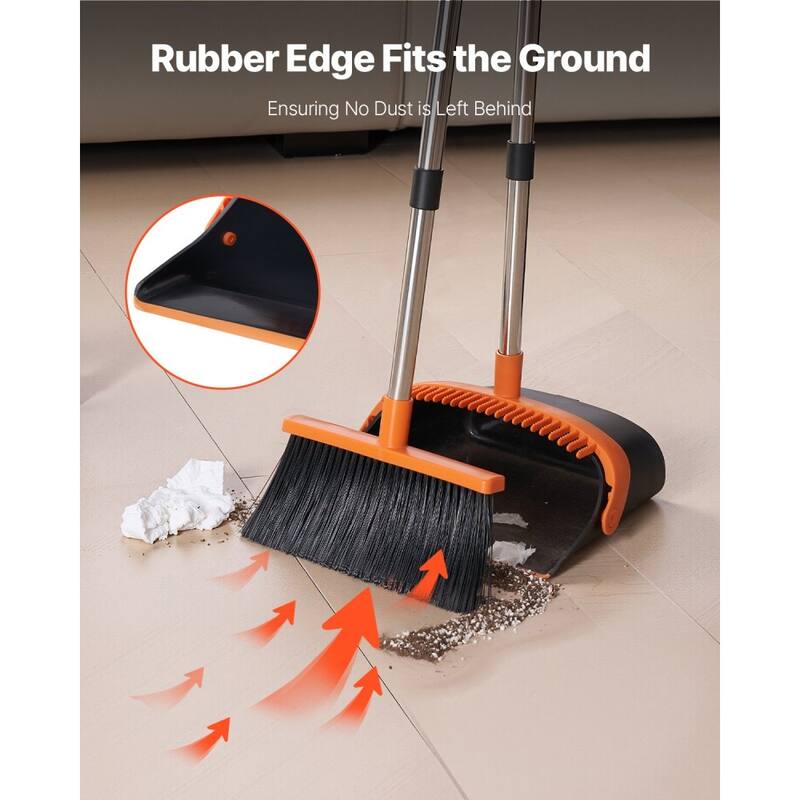 Black and Orange Stainless Steel Broom and Dustpan Set with Self-Cleaning Teeth and Adjustable Handles