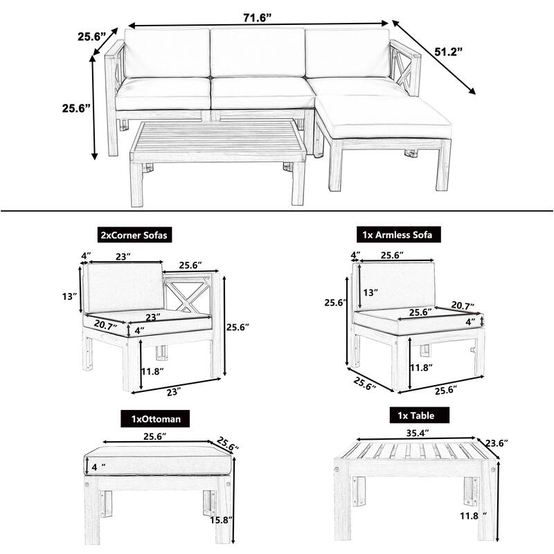 Wood 5-Piece Sectional Sofa Seating Group Set