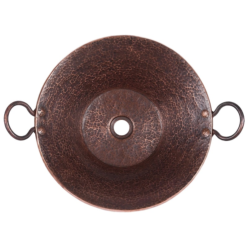 Round Hand Forged Old World Miners Pan Copper Vessel Sink, Matching Drain and Accessories