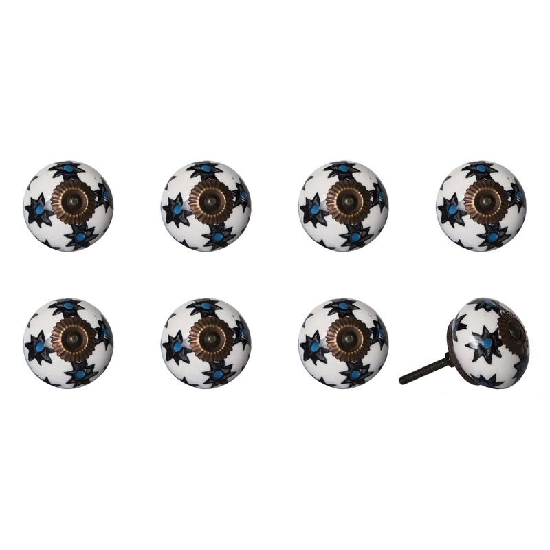 Set of 8 Hand-Painted Ceramic & Metal Drawer Knobs – Black & White Traditional Round Design - 1.5" H x 1.5" W x 1.5" D