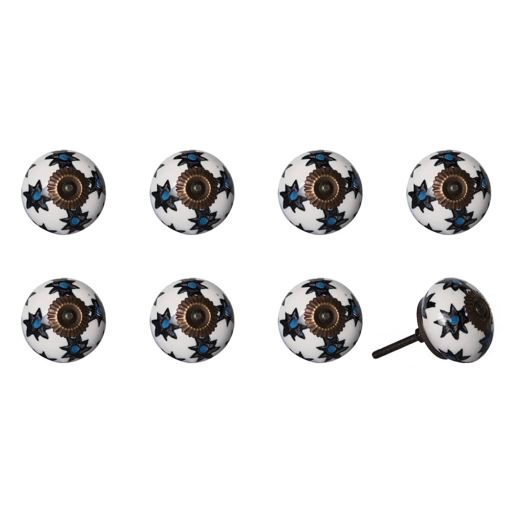 Set of 8 Hand-Painted Ceramic & Metal Drawer Knobs – Black & White Traditional Round Design - 1.5" H x 1.5" W x 1.5" D