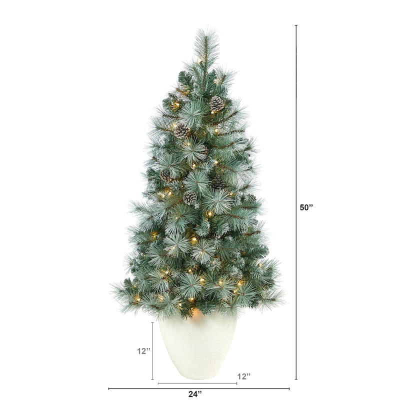 50in. Frosted Tip Pine Artificial Christmas Tree with 100 Clear Lights, Pine Cones & 228 Branches in White Planter