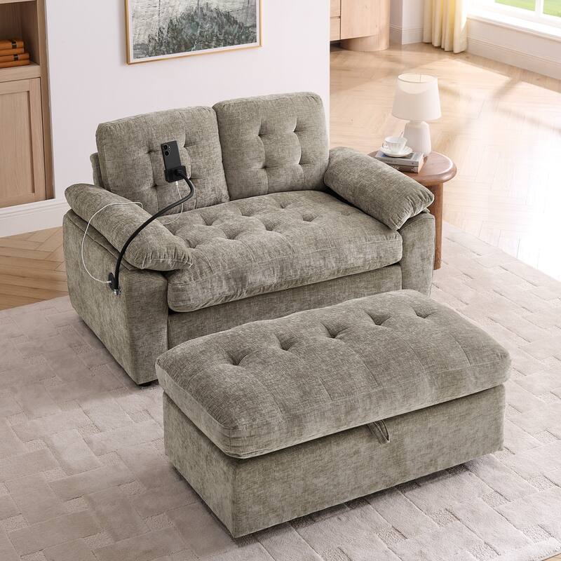 Double Recliner Chair with Adjustable Backrest, Storage Ottoman, USB Port & Phone Stand